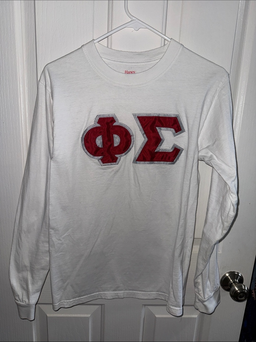 Hanes mens White Long Sleeve Tee with Red Greek Letters